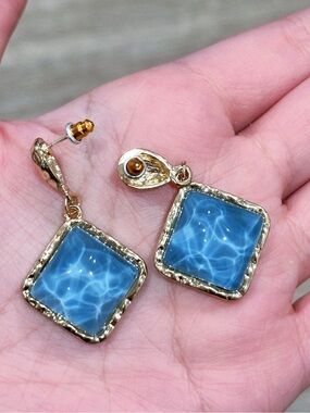 Gold-Tone Blue Square Drop Earrings